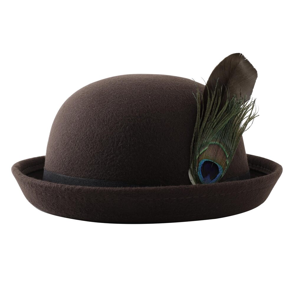 4884 Derby Bowler Hat - Short Rolled Brim Fedora Hat with Feather Formal